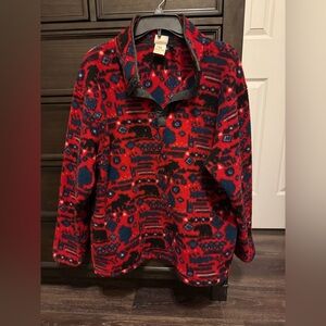 vintage 90s L.L.Bean red fleece pullover with an all-over nature hunting print